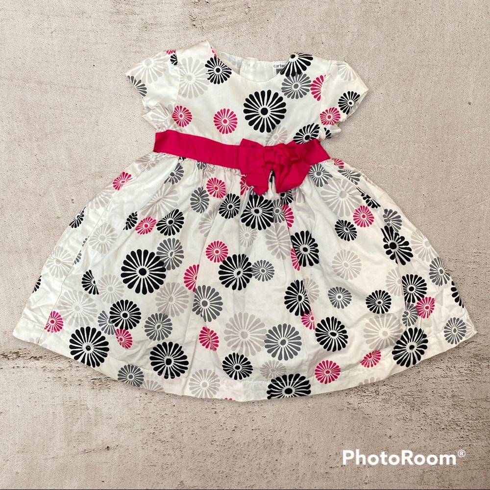 EUC Carter’s Baby Girl White Holiday Dress w/ Pink, Gray, & Black Flowers 12M